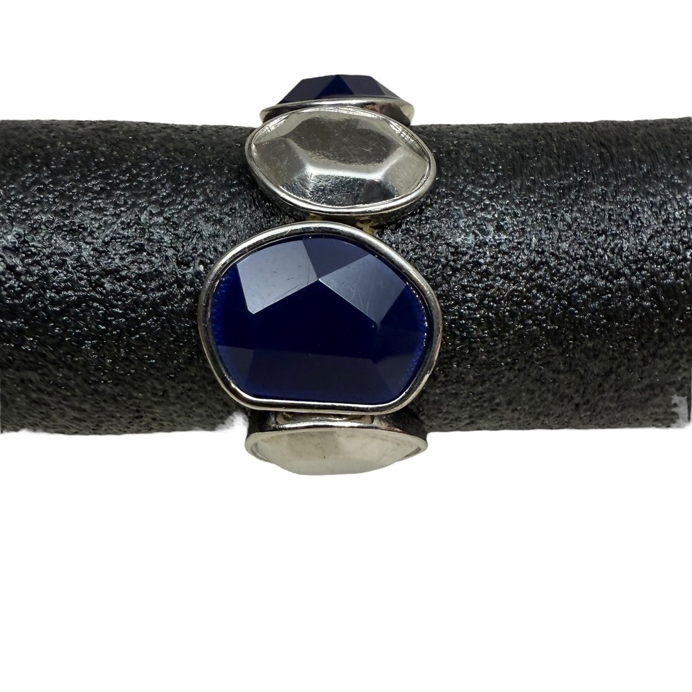 Silver Tone Blue Stone Statement Bracelet Stretch Fashion Jewelry Size 6.5